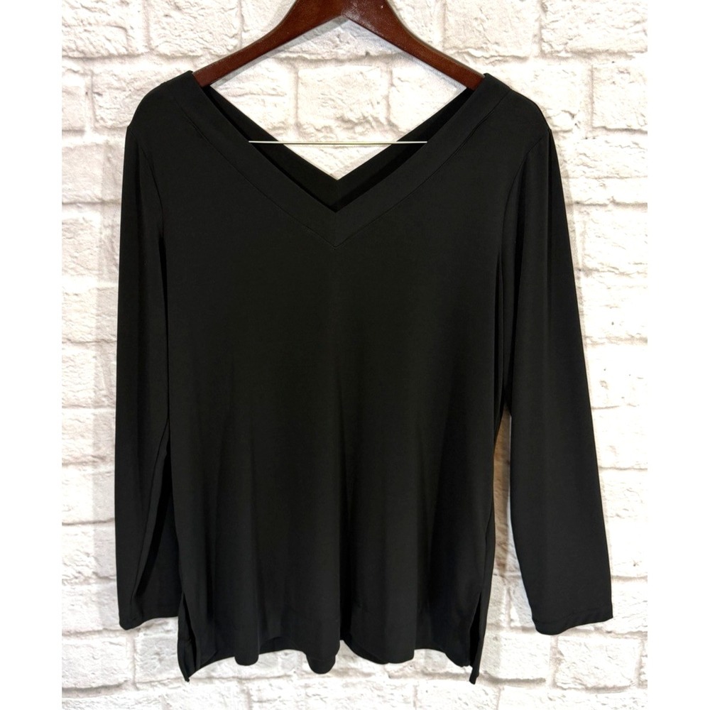 Susan Graver Modern Essentials Liquid Knit V Neck Tunic Top Large Black